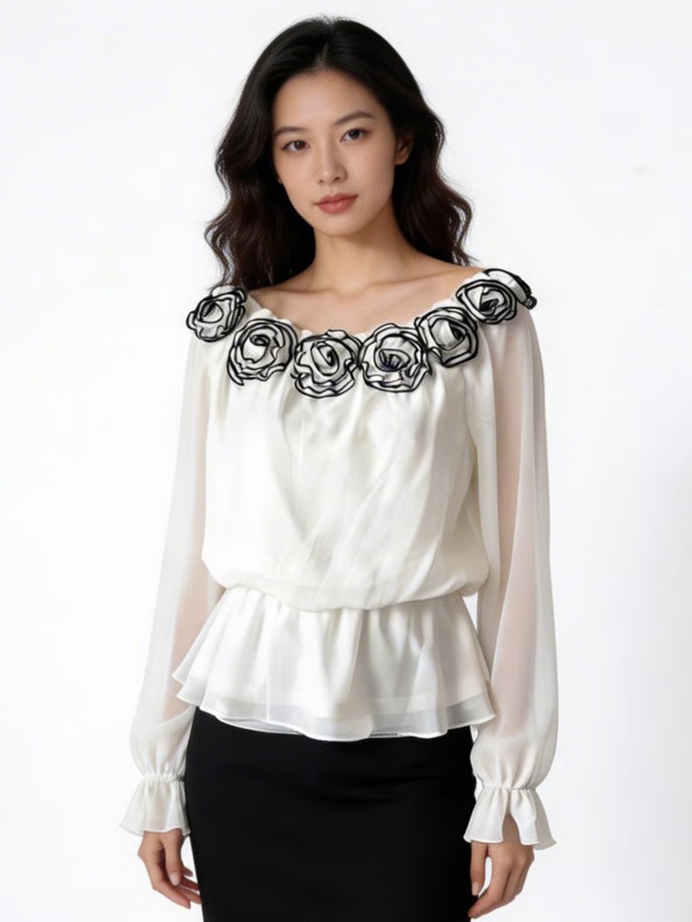 SIMPLY LILIANA | White Rosette Off-Shoulder Pepulum Blouse Sz M